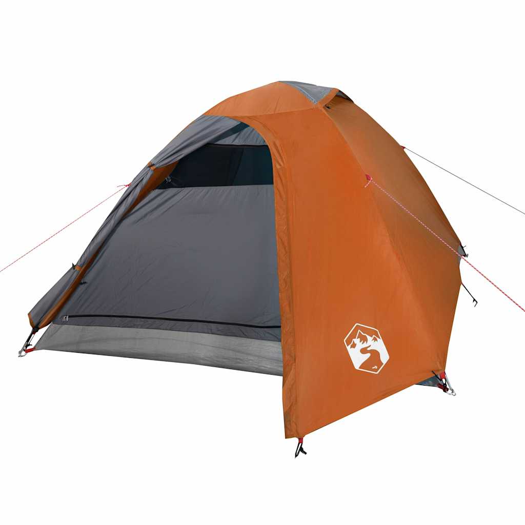 Zijaanzicht van de oranje vidaXL koepeltent met open ingang en gaasventilatie.