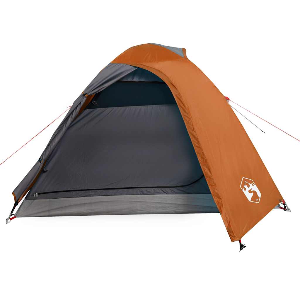 Zijaanzicht van de oranje vidaXL koepeltent met open ingang en ventilatierooster.
