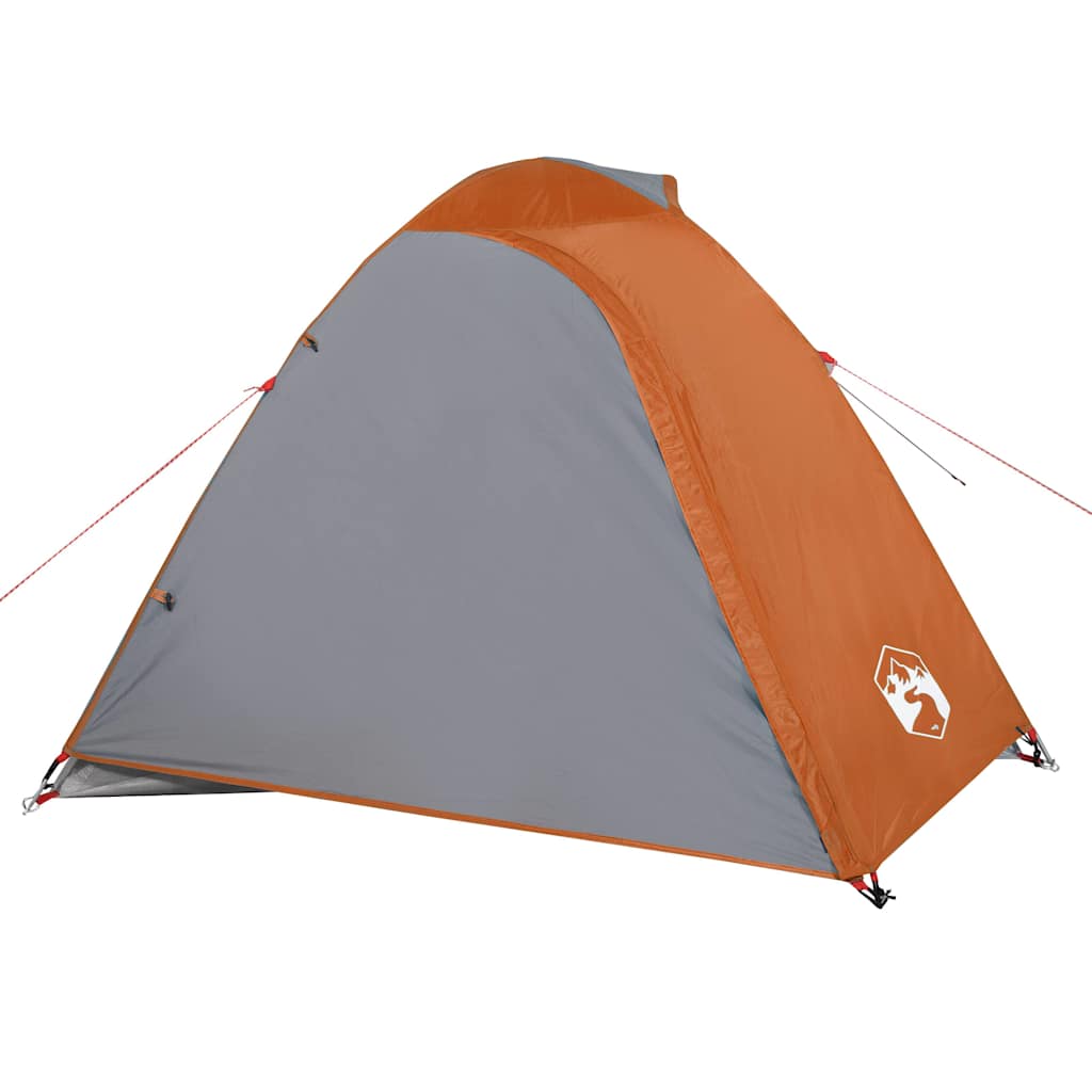 Zijaanzicht van de vidaXL koepeltent 3-persoons in oranje met grijze details.