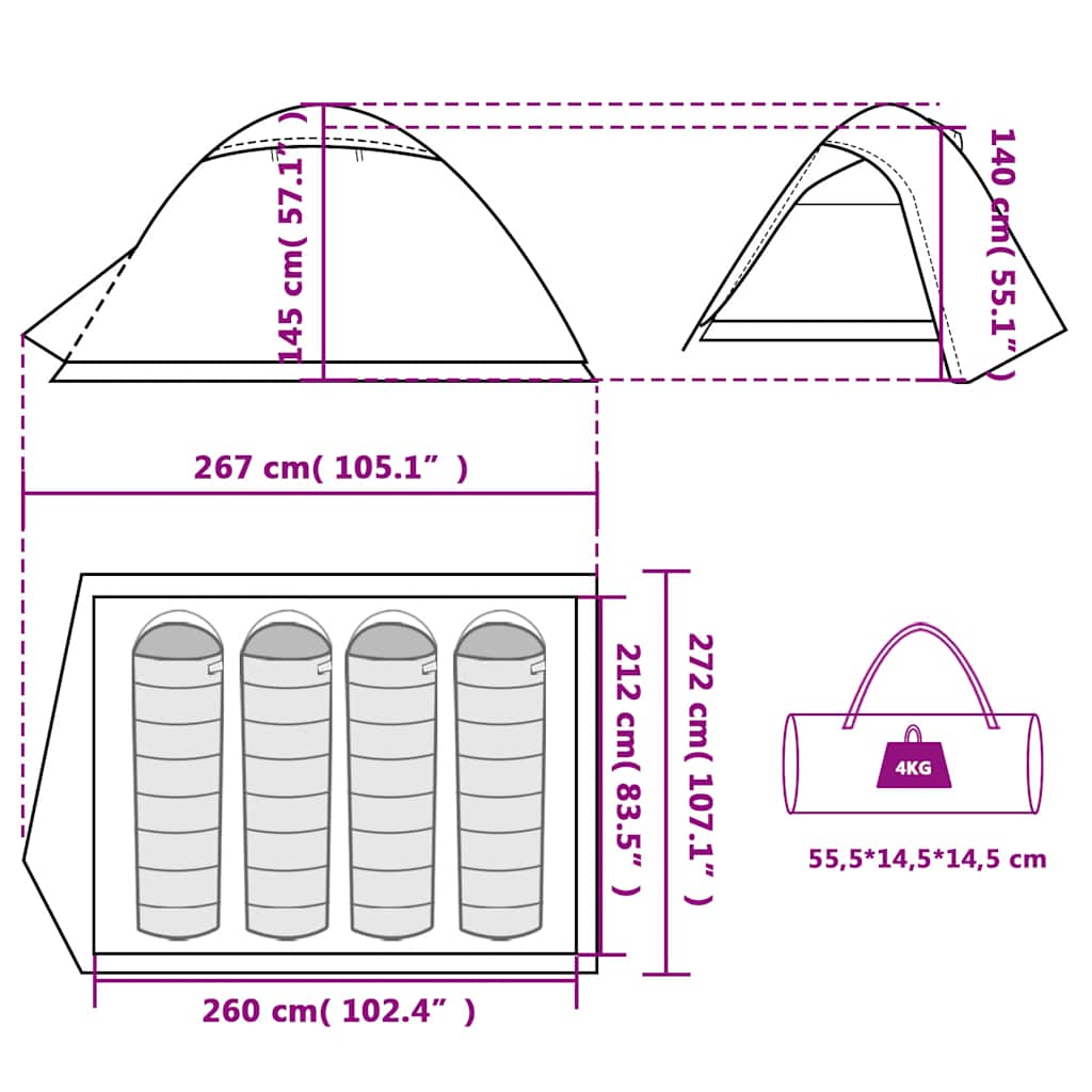 Detailweergave van de afmetingen en specificaties van de vidaXL koepeltent voor 4 personen.