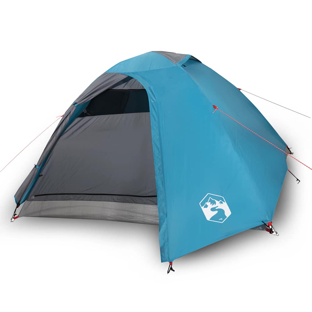 Zijaanzicht van de vidaXL koepeltent in blauw met open ingang en gaaswanden.