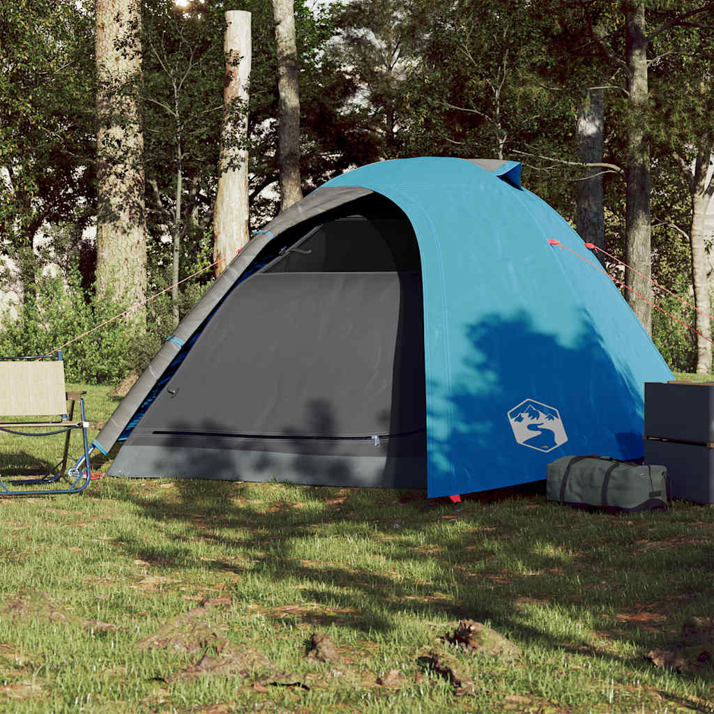 Zijaanzicht van de vidaXL koepeltent in blauw, met gaaswanden voor ventilatie.