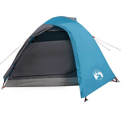Zijaanzicht van de blauwe vidaXL koepeltent met open ingang en ventilatie.