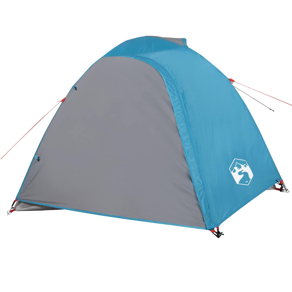 Zijaanzicht van de vidaXL koepeltent in blauw met grijze voorkant en bevestigingslijnen.