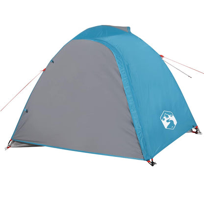 Zijaanzicht van de vidaXL koepeltent in blauw met grijze voorkant en bevestigingslijnen.