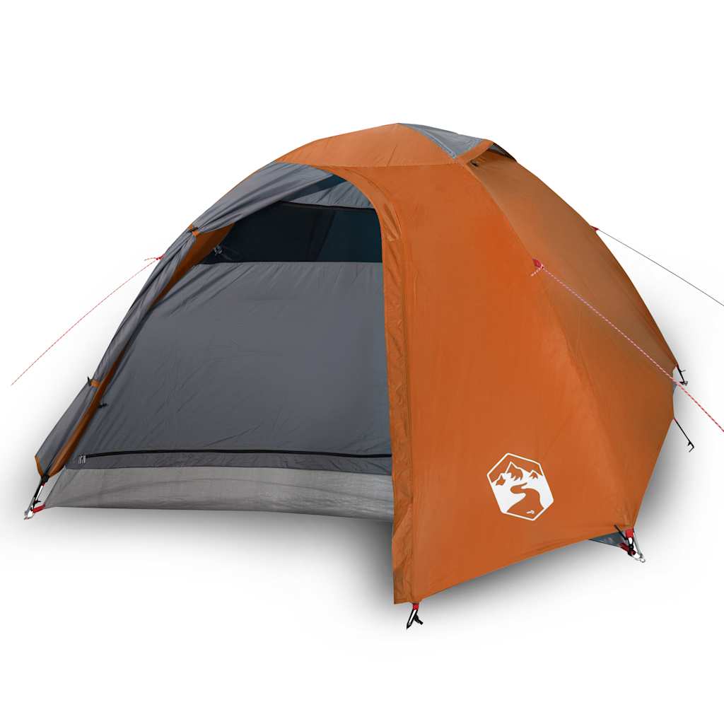 Detail van de vidaXL koepeltent in grijs en oranje, zijaanzicht met open ingang.