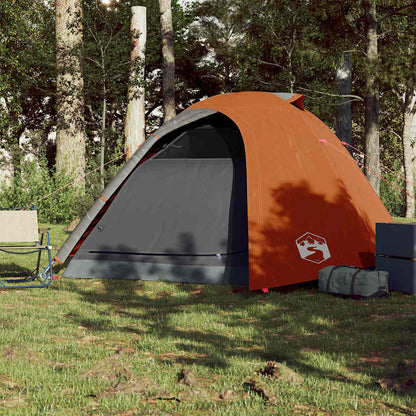 Detail van de grijs-oranje vidaXL koepeltent met een zijaanzicht in de natuur.