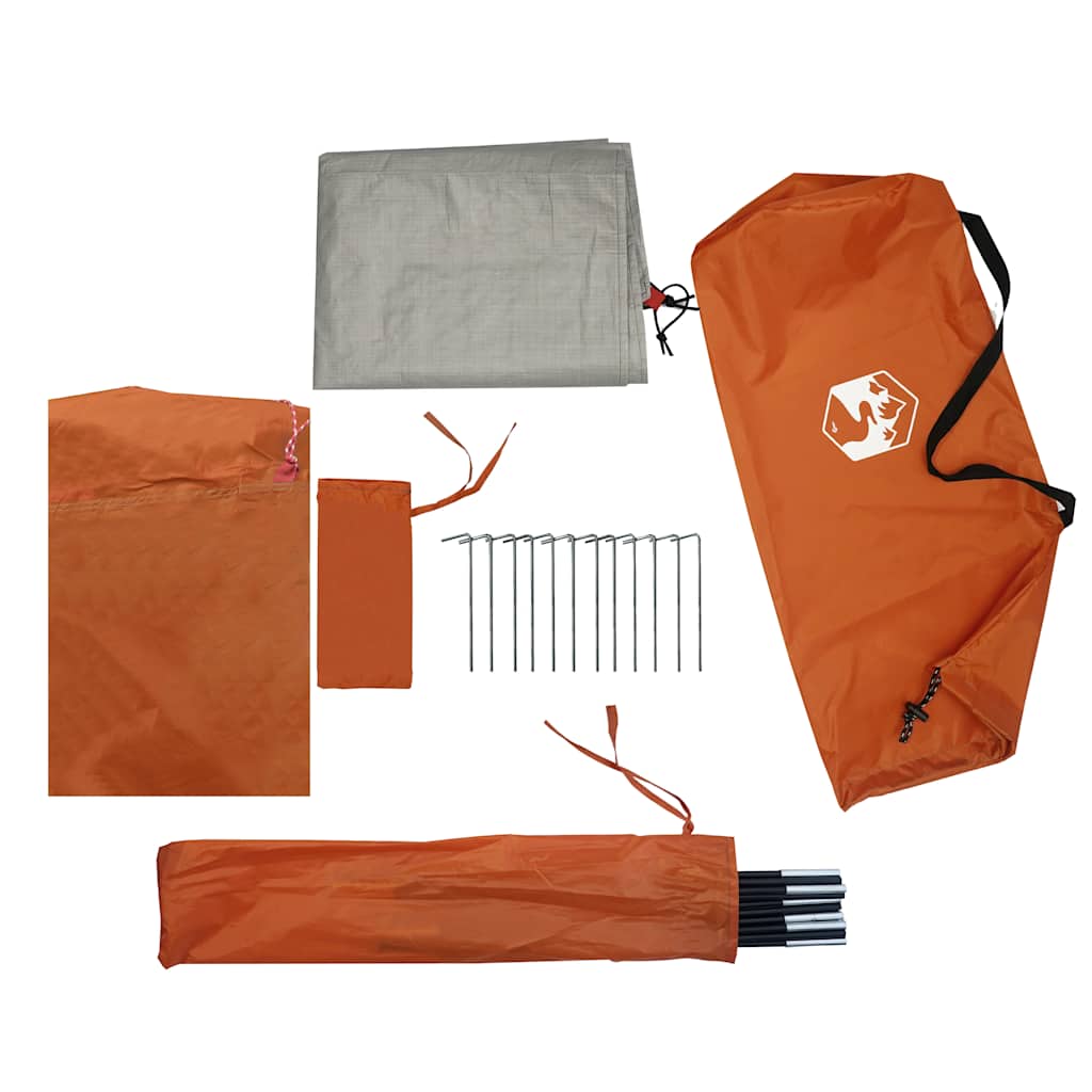 Detail van de oranje draagtas met tentstokken en haringen van de vidaXL koepeltent.