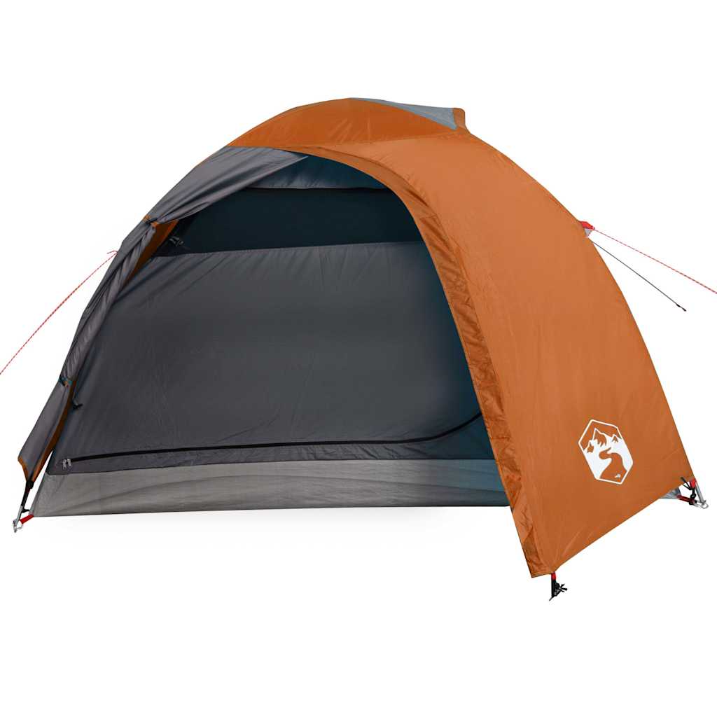 Detail van de vidaXL koepeltent in grijs en oranje, met open ingang en ventilatierooster.