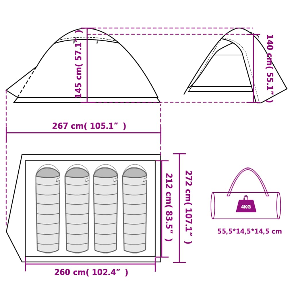 Detail van de afmetingen en ontwerp van de vidaXL 4-persoons koepeltent in wit.
