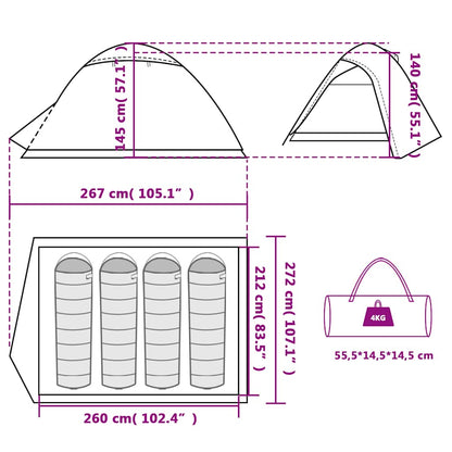 Detail van de afmetingen en ontwerp van de vidaXL 4-persoons koepeltent in wit.