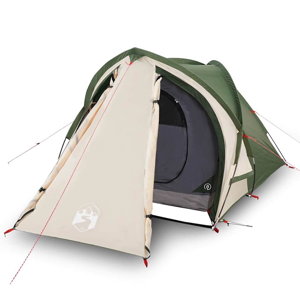Detail van de vidaXL 2-persoons koepeltent met een groene en beige kleurstelling, zijaanzicht.