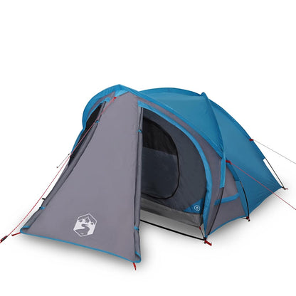 Detail van de vidaXL koepeltent in blauw met grijze ingang en ventilatieroosters.