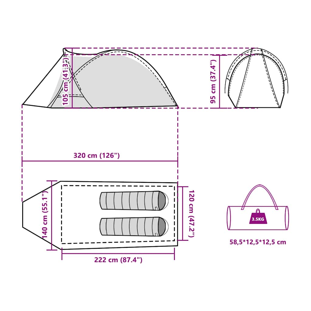Detail van de afmetingen en ontwerp van de vidaXL koepeltent voor 2 personen.