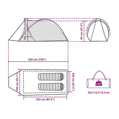 Detail van de afmetingen en ontwerp van de vidaXL koepeltent voor 2 personen.