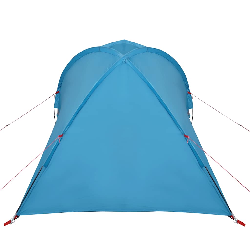 Zijaanzicht van de vidaXL koepeltent in blauw, met waterdicht ontwerp en bevestigingslijnen.