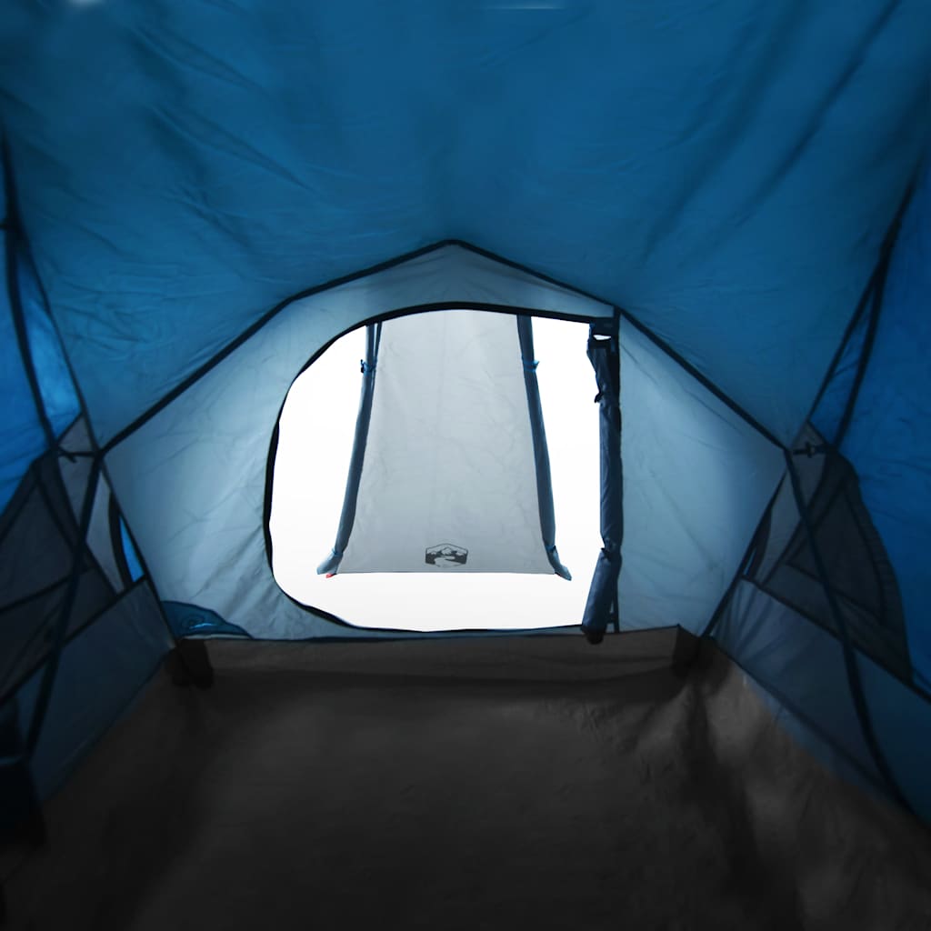 Zijaanzicht van de blauwe vidaXL koepeltent met open deur en ventilatie.
