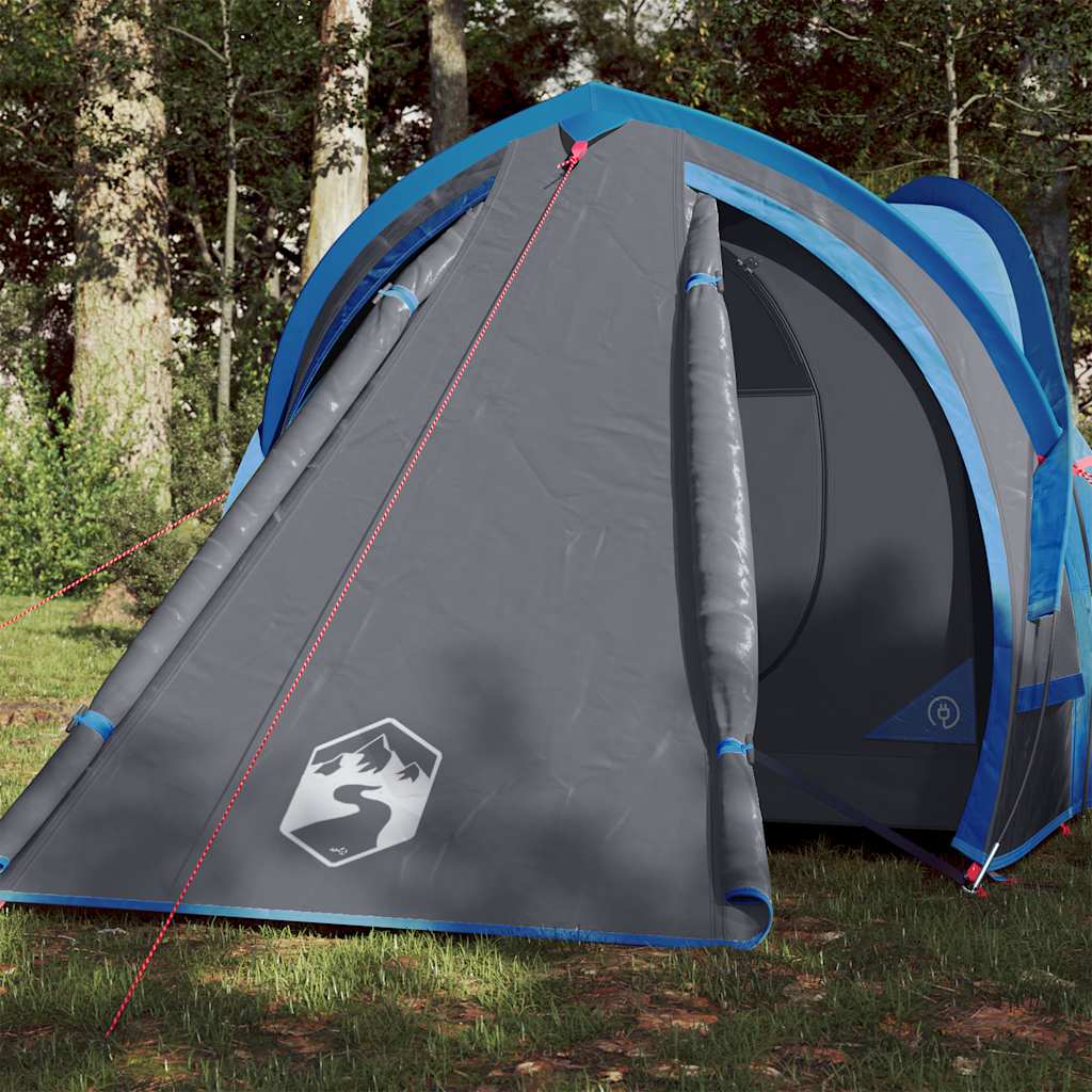 vidaXL koepeltent 2-persoons waterdicht blauw, zijaanzicht met ingangen en ventilatieopening