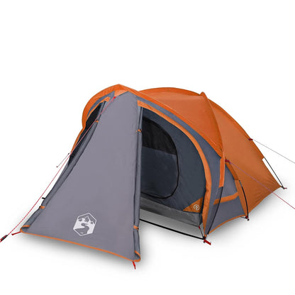 Detail van de vidaXL koepeltent met grijs en oranje ontwerp, zijaanzicht van de ingang.
