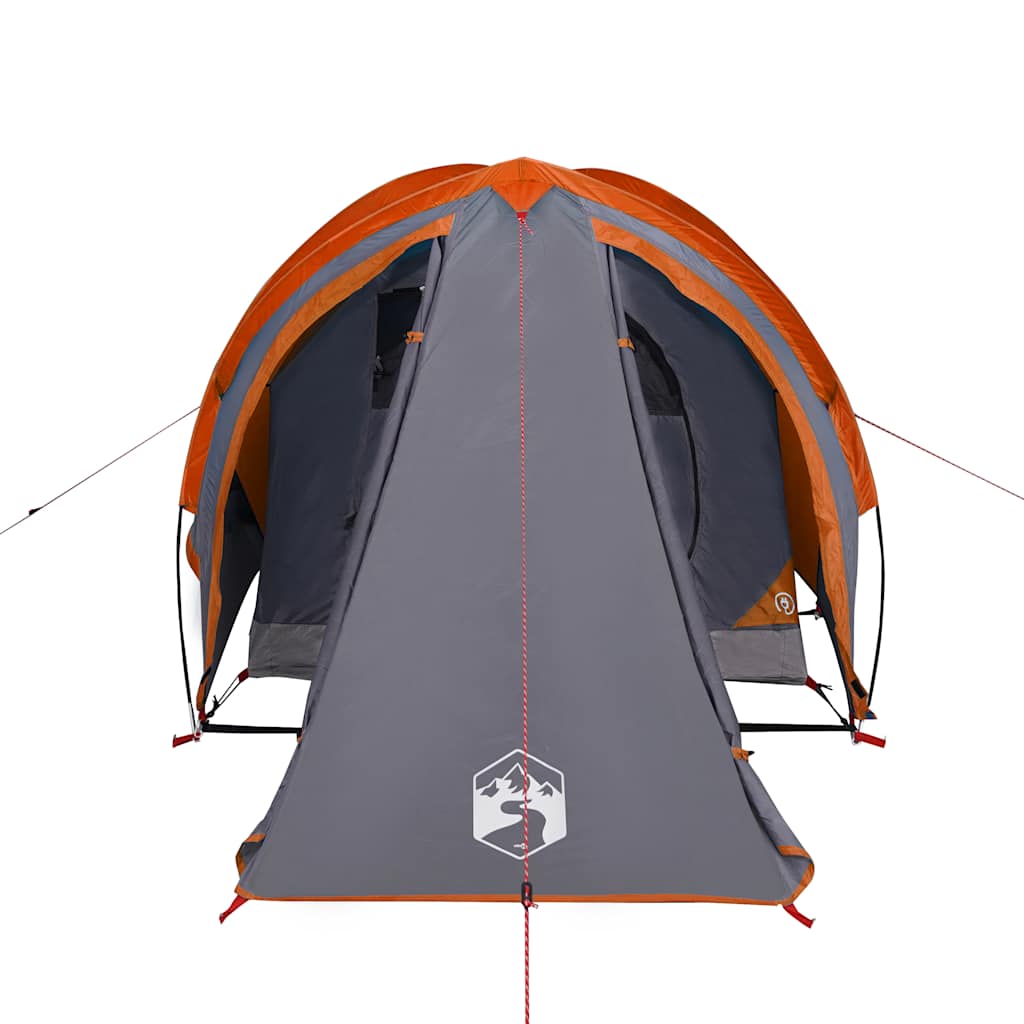 Detail van de grijze en oranje vidaXL koepeltent met ingang en ventilatie.