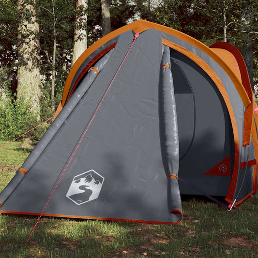 Grijze vidaXL koepeltent met oranje details, zijaanzicht in de natuur.