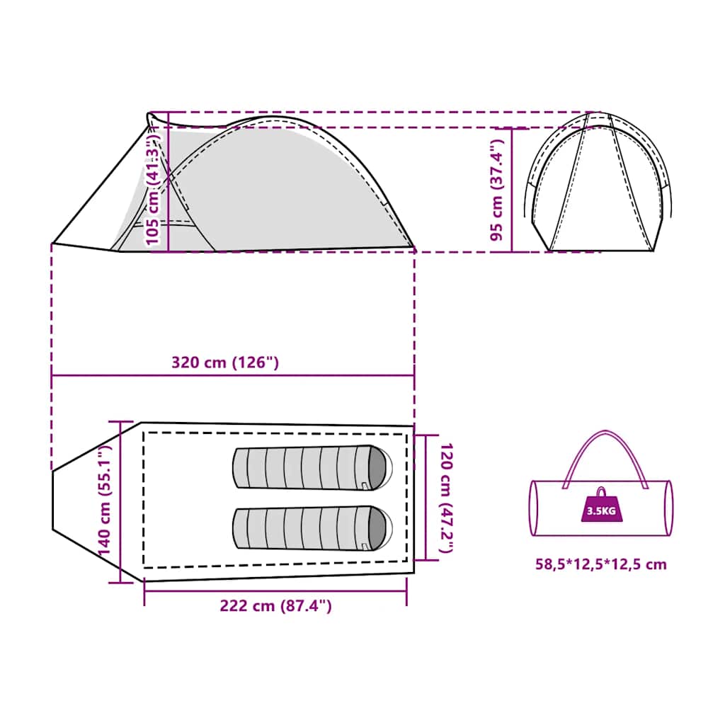 Detail van de vidaXL koepeltent met afmetingen en draagtas in wit.