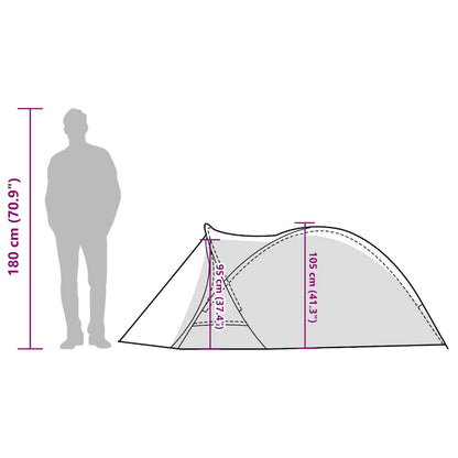 Zijaanzicht van de vidaXL koepeltent met afmetingen en een silhouet van een persoon.