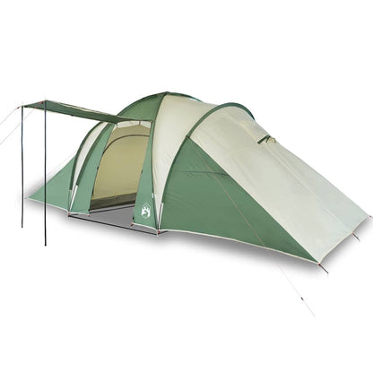 Zijaanzicht van de vidaXL koepeltent, met groene en beige kleuren en een voortent.