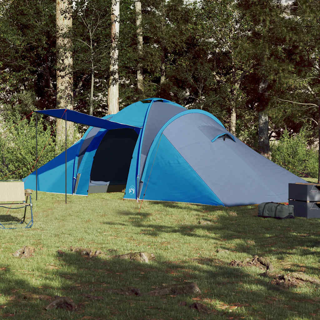 Zijaanzicht van de vidaXL koepeltent in blauw met luifel en gaaswanden.