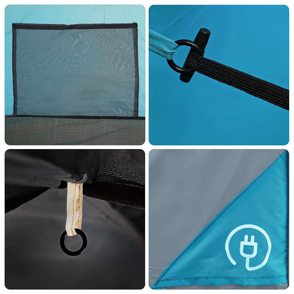 Detail van de gaaswand en bevestigingspunten van de vidaXL koepeltent in blauw.