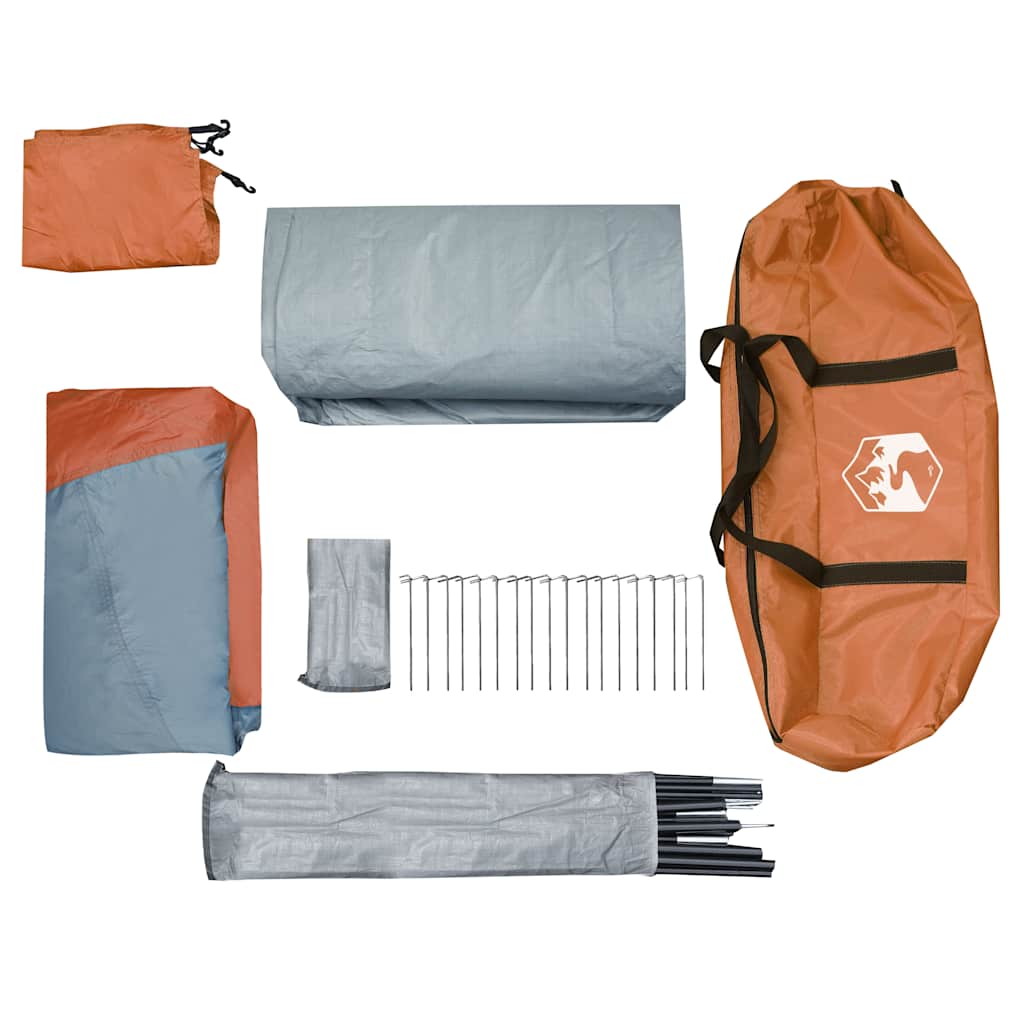 Detail van de grijs-oranje vidaXL koepeltent met accessoires en stokken.