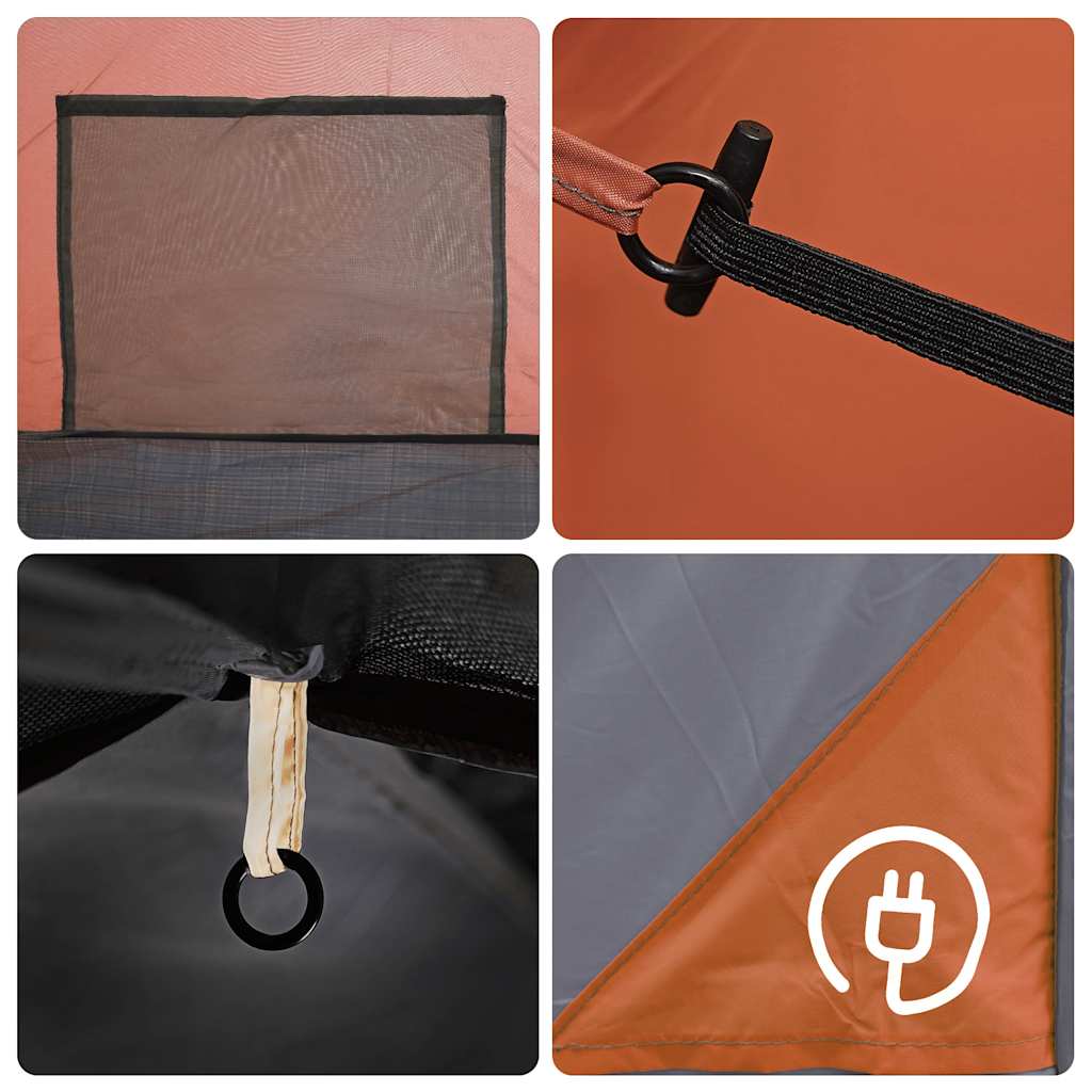 Detail van de gaaswand en bevestigingspunten van de vidaXL koepeltent in grijs en oranje.