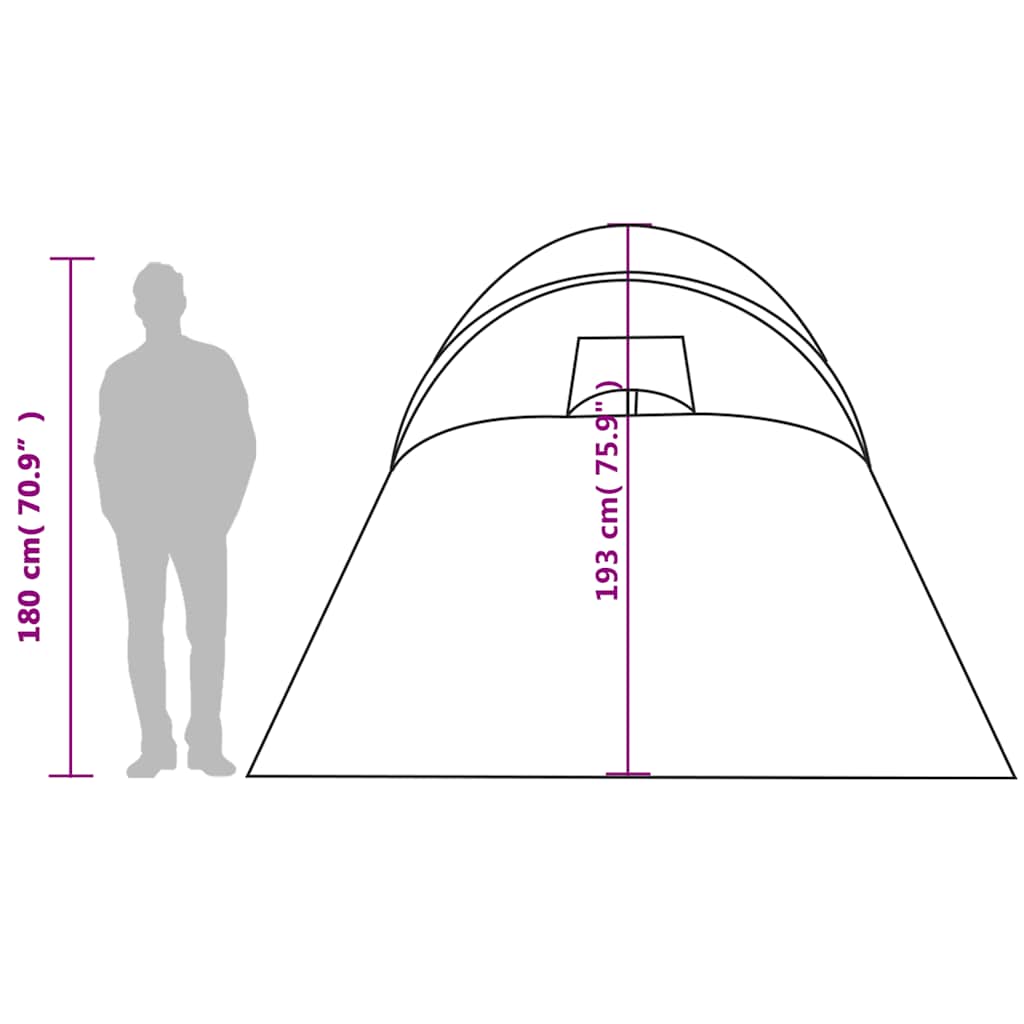 Zijaanzicht van de vidaXL koepeltent met afmetingen en toegangspunt.