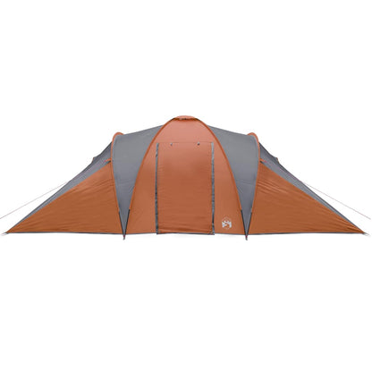 Zijaanzicht van de vidaXL koepeltent in grijs en oranje met open ingang.
