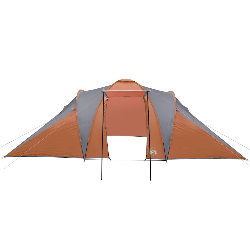Detail van de vidaXL koepeltent in grijs en oranje, met open ingang en zijwanden.
