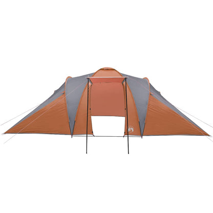 Detail van de vidaXL koepeltent in grijs en oranje, met open ingang en zijwanden.