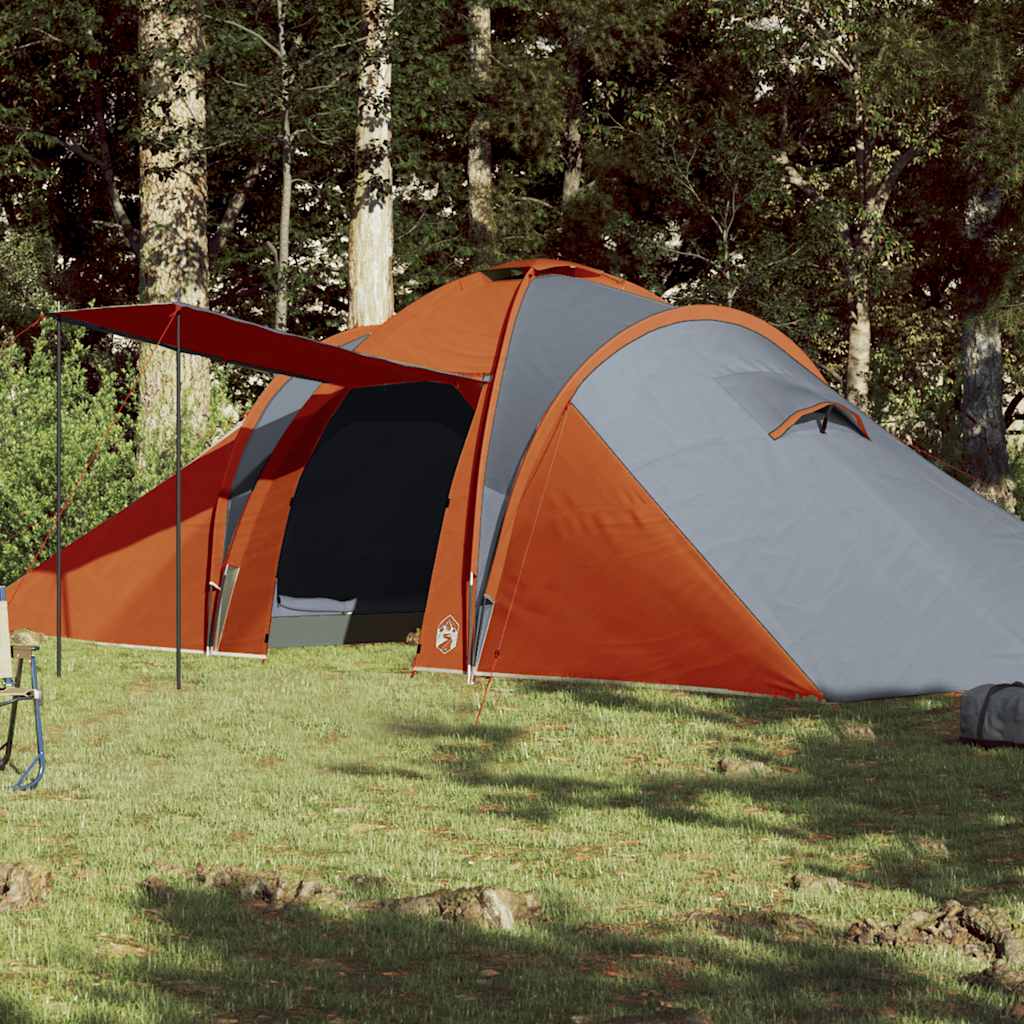 VidaXL koepeltent voor 6 personen in grijs en oranje, opgesteld in een groene omgeving.