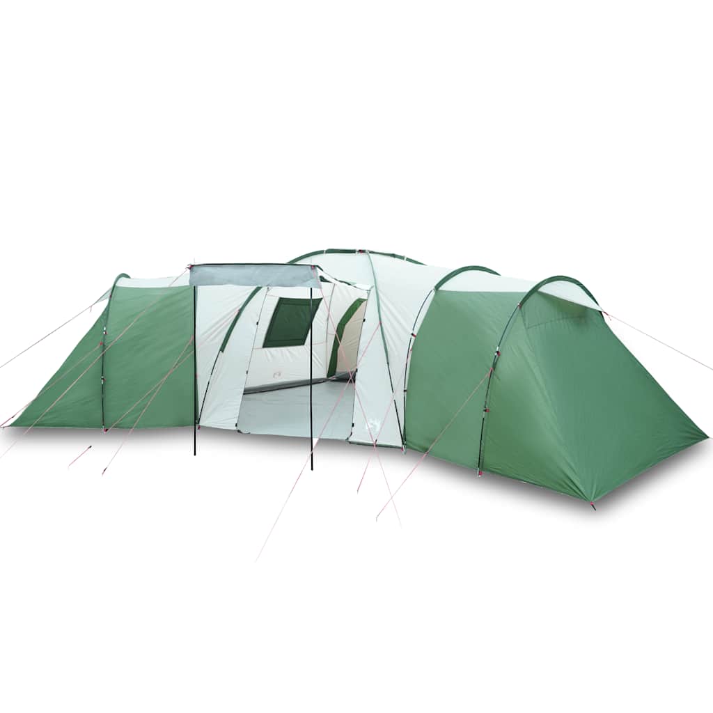 Zijaanzicht van de vidaXL koepeltent in groen, met afneembare buitentent en ingangen.