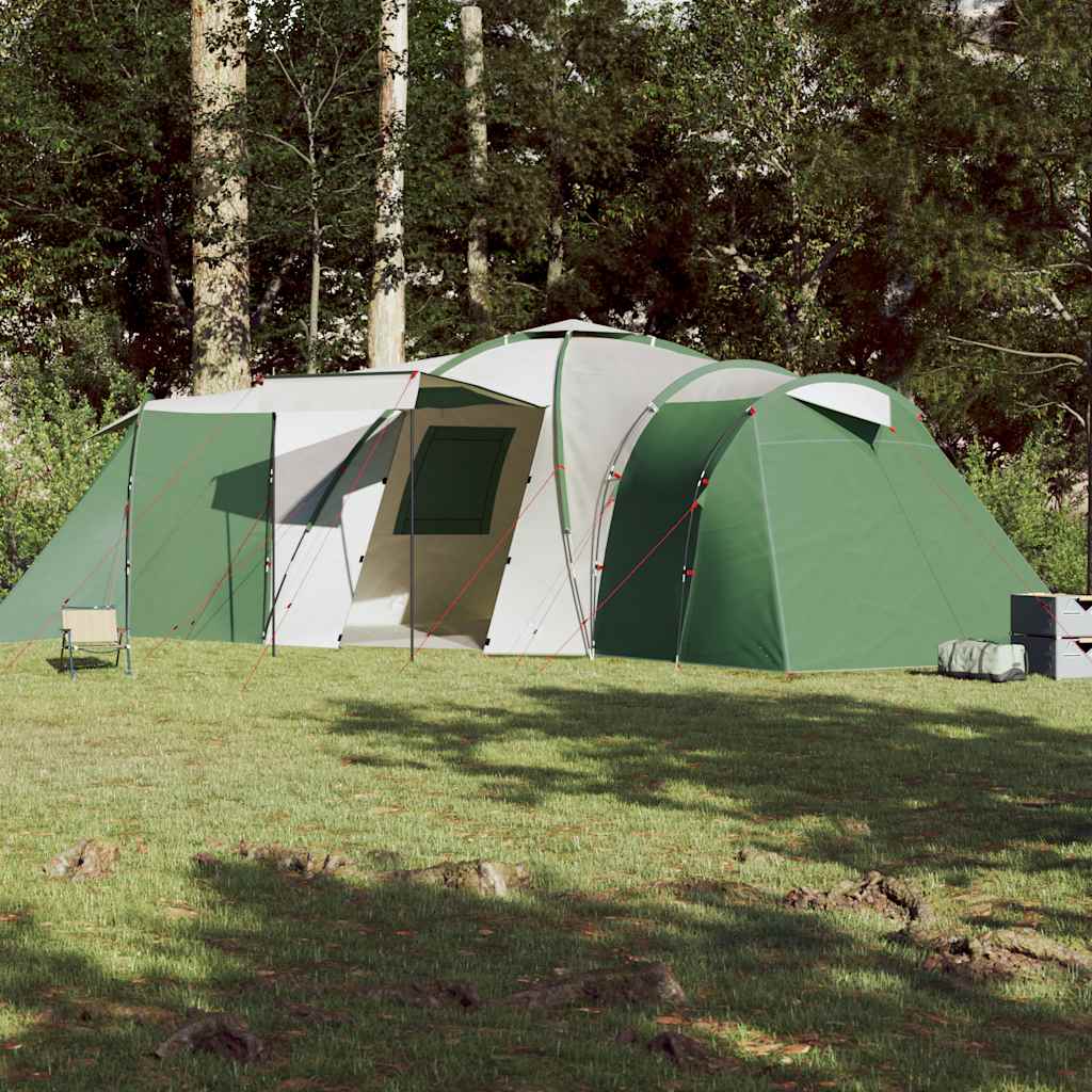 Zijaanzicht van de groene vidaXL koepeltent met afneembare buitentent in de natuur.