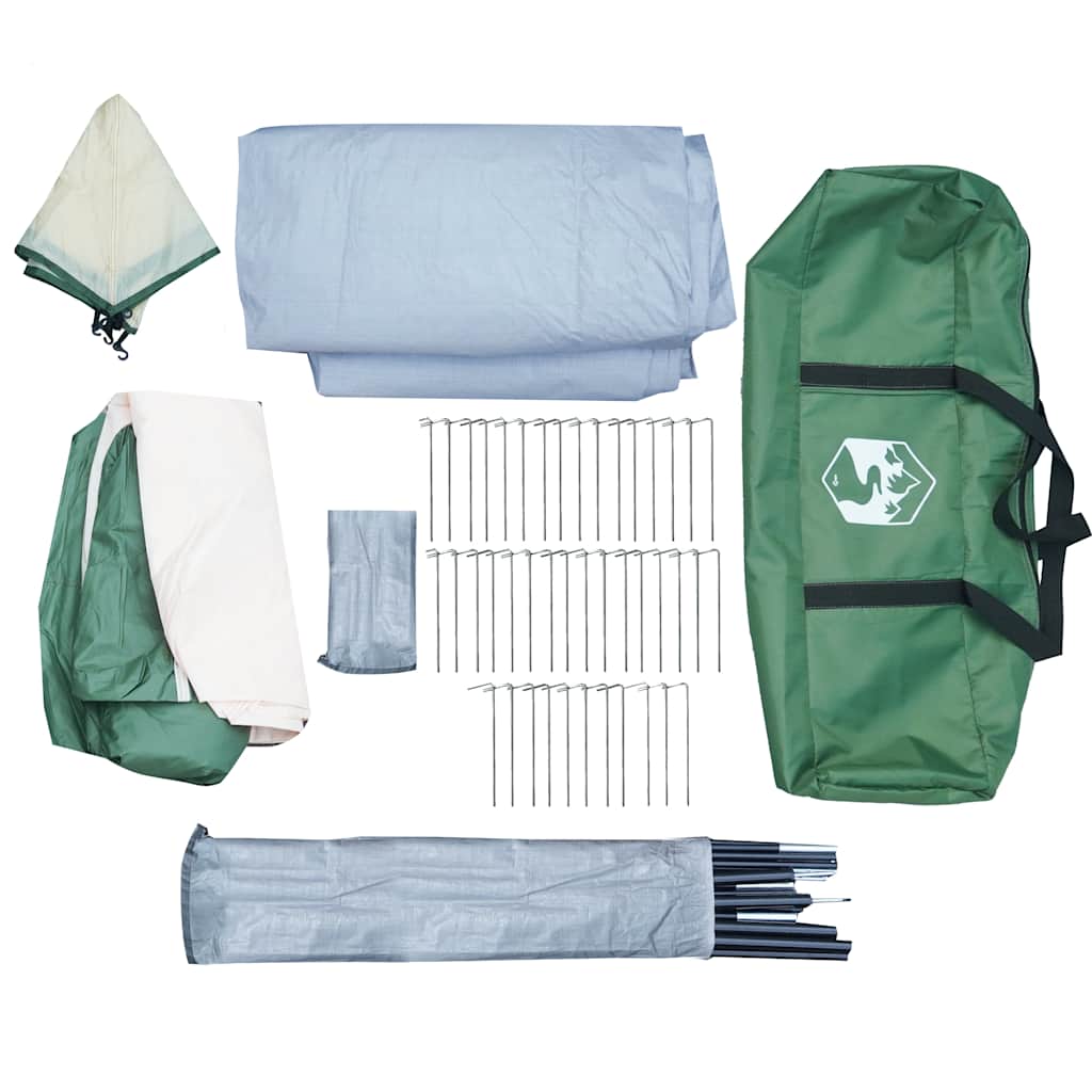 Detail van de vidaXL koepeltent met tentstokken, haringen en opbergtas in groen en blauw.