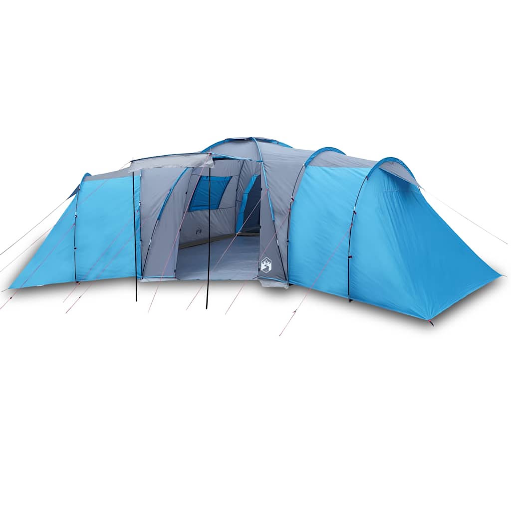 Zijaanzicht van de vidaXL koepeltent in blauw, met waterdichte polyester en luifel.
