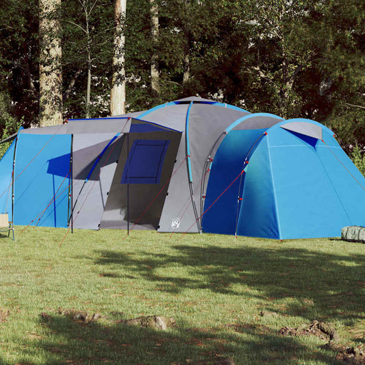 Blauwe vidaXL koepeltent voor 12 personen, waterdicht met praktische luifel en ventilatie.