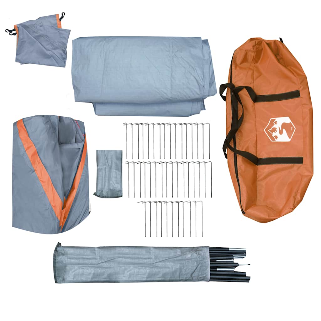 Detail van de grijze en oranje onderdelen van de vidaXL koepeltent met stokken en haringen.