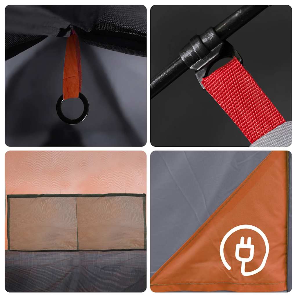 Detail van de grijze vidaXL koepeltent met oranje bevestigingsring en ventilatieopening.
