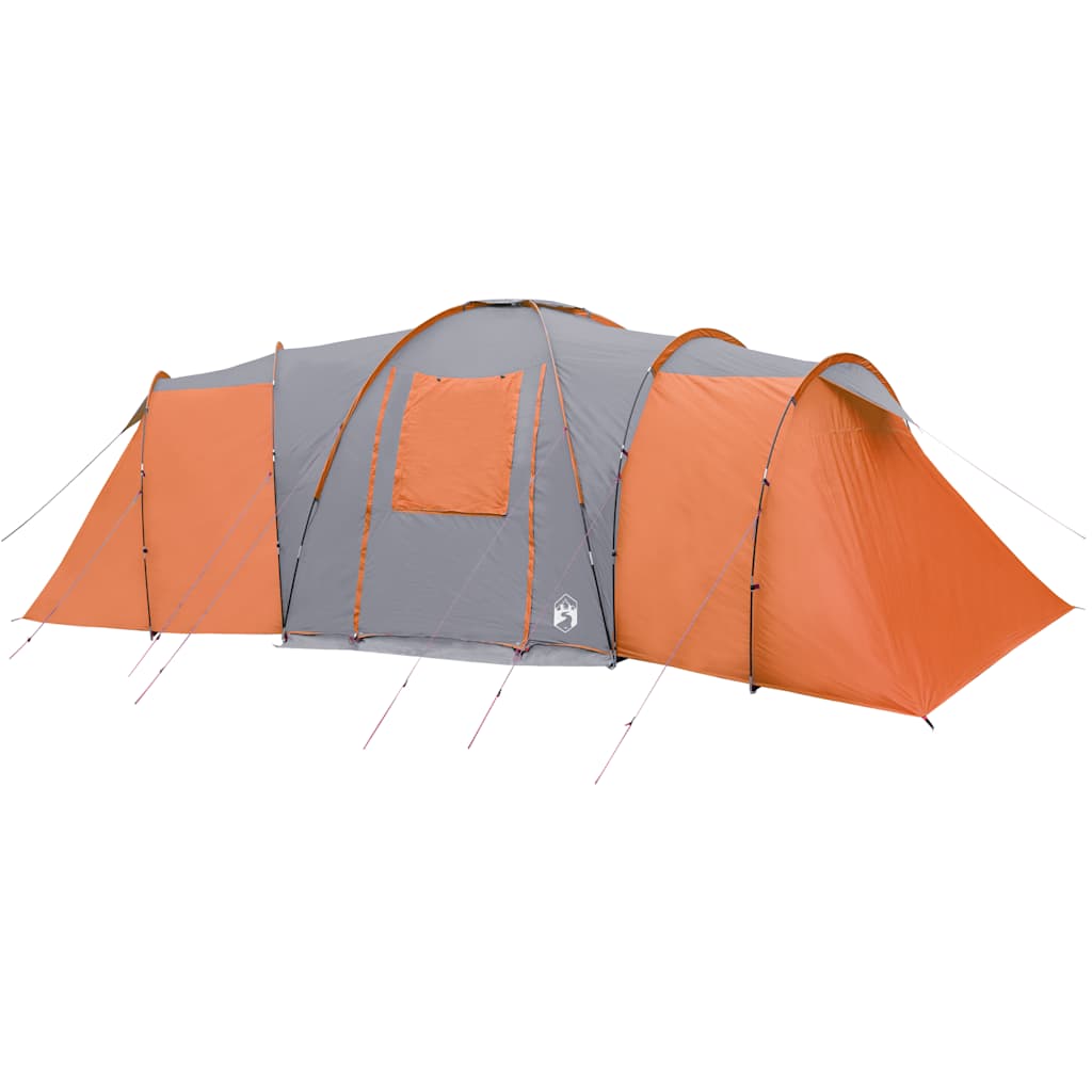 Zijaanzicht van de vidaXL koepeltent in grijs en oranje met afneembare buitentent.
