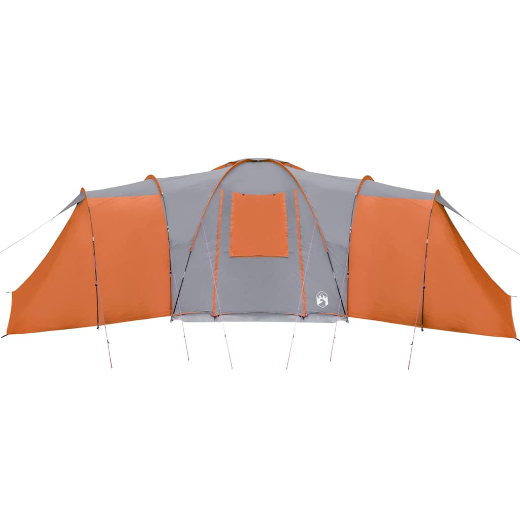 Zijaanzicht van de vidaXL koepeltent in grijs en oranje, met afneembare buitentent.