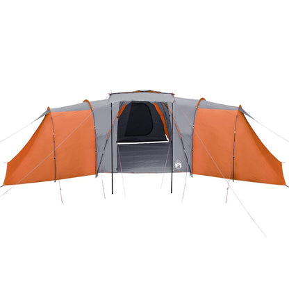 Zijaanzicht van de vidaXL koepeltent in grijs en oranje met open deur.