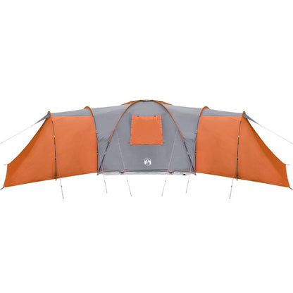 Zijaanzicht van de vidaXL koepeltent in grijs en oranje, met open tentdoek.
