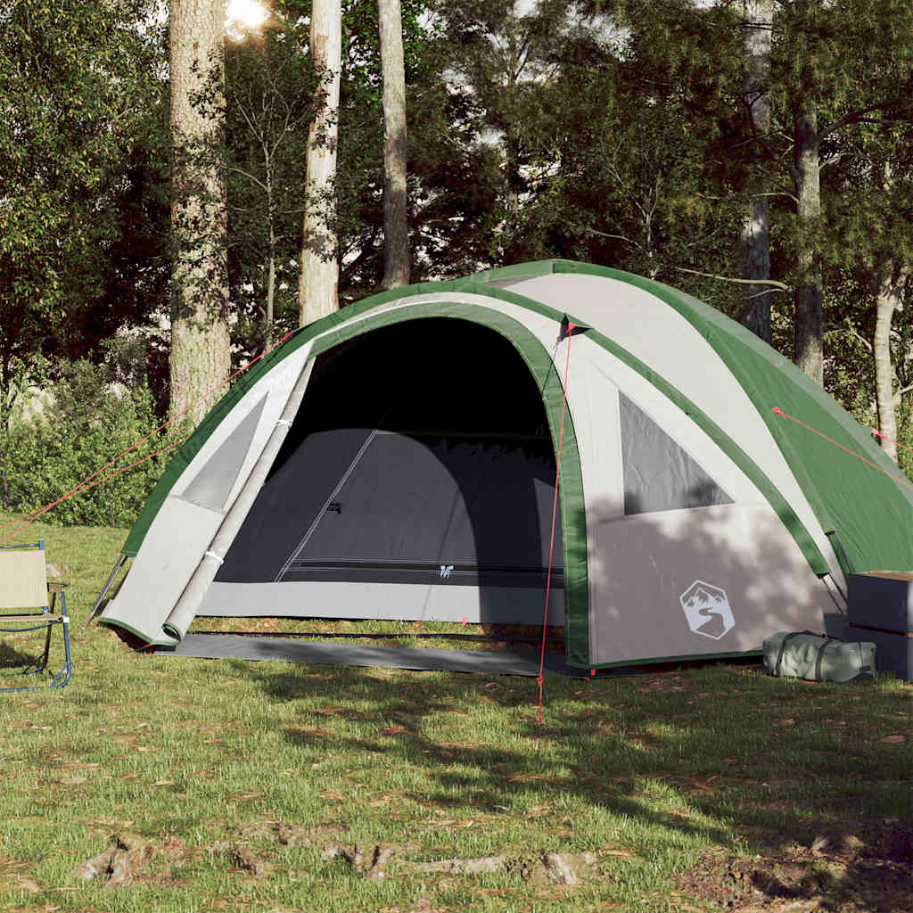 Detail van de vidaXL koepeltent in groen met open ingang, geplaatst in een bosrijke omgeving.