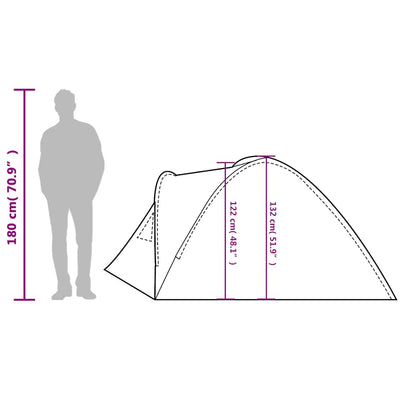 Zijaanzicht van de vidaXL koepeltent met afmetingen en iemand voor schaal.